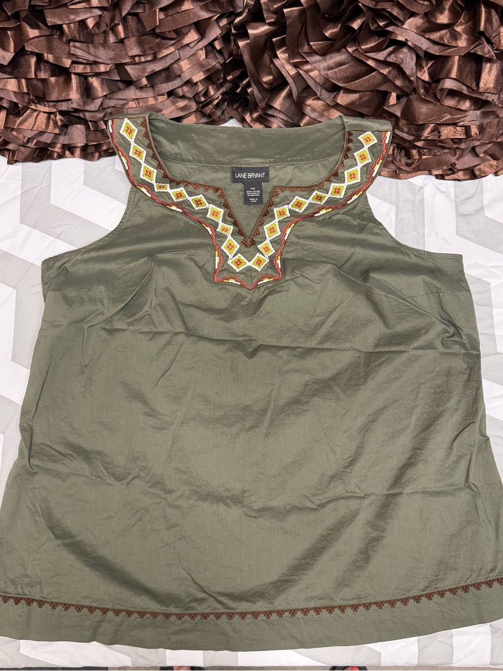 Lane Bryant Olive Green Embroidered Notch-Neck Sleeveless Tunic
